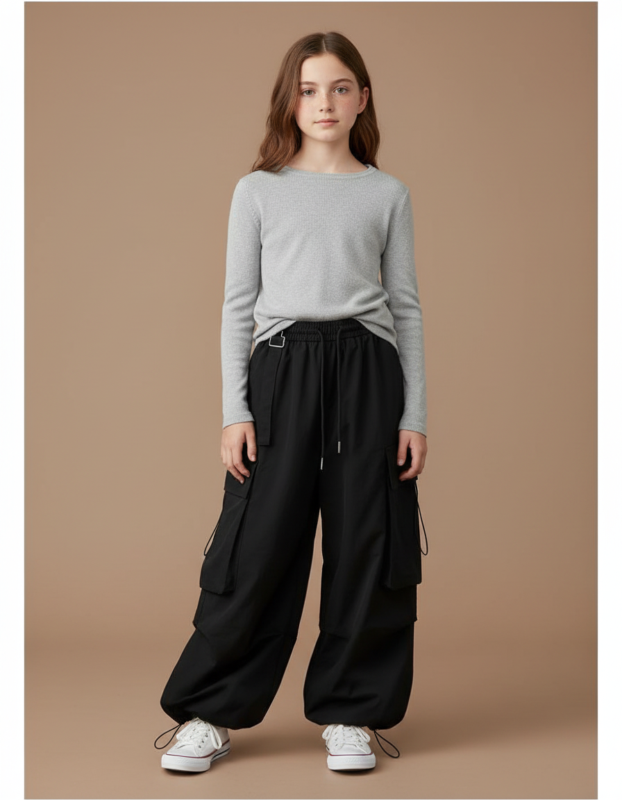 Pantalon Parachute Noir Cargo Ample Coton Fille - Polyester