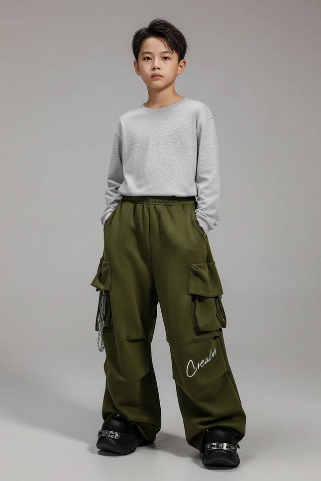 Pantalon Parachute Vert Ample Cargo Enfant Décontracté Hip Hop - Molleton