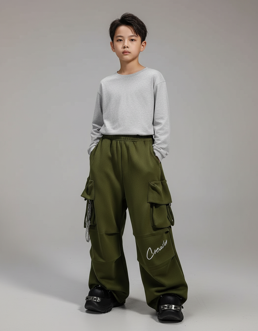 Pantalon Parachute Vert Ample Cargo Enfant Décontracté Hip Hop - Molleton