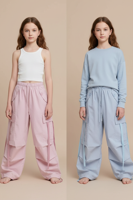 Pantalon Parachute Cargo Ample Fille Rose Bleu - Polyester