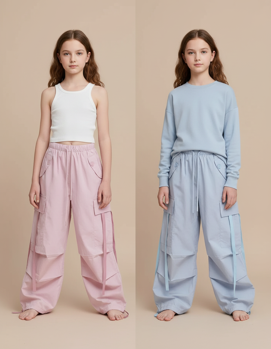 Pantalon Parachute Cargo Ample Fille Rose Bleu - Polyester