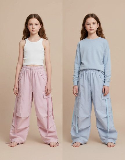 Pantalon Parachute Cargo Ample Fille Rose Bleu - Polyester