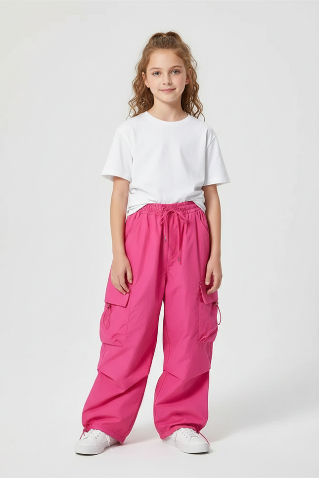 Pantalon Parachute Rose Fille Cargo Ample - Polyester