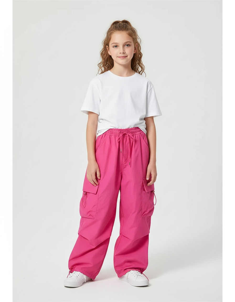 Pantalon Parachute Rose Fille Cargo Ample - Polyester