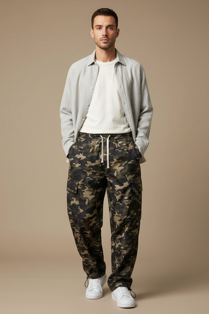 Pantalon Parachute Camouflage Ample Multi-Poches Homme - Kaki Polyester