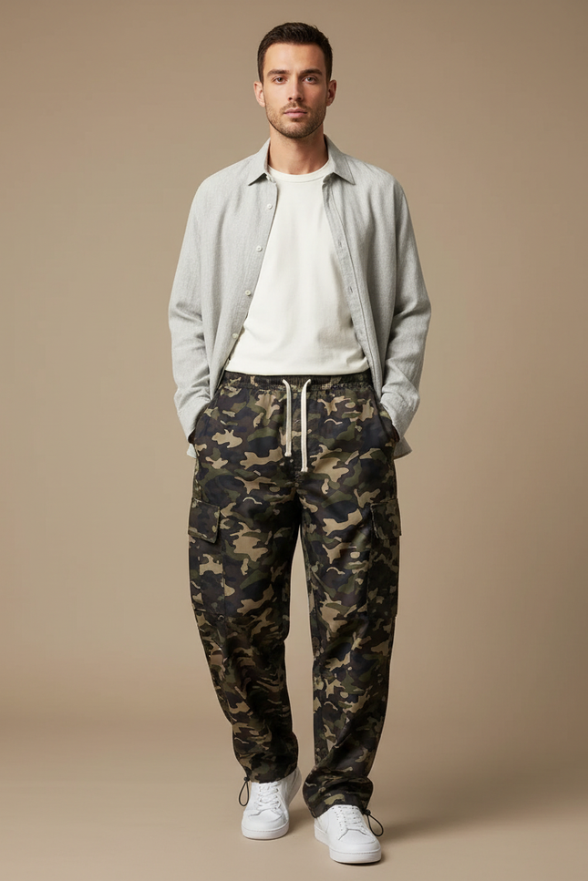 Pantalon Parachute Camouflage Ample Multi-Poches Homme - Kaki Polyester