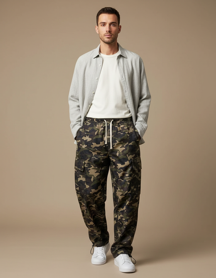Pantalon Parachute Camouflage Ample Multi-Poches Homme - Kaki Polyester