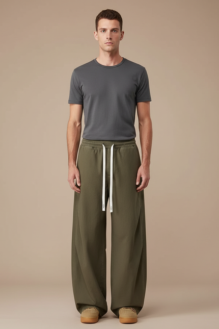 Pantalon Parachute Vert Ample Coton Décontracté Cordon Homme - Kaki