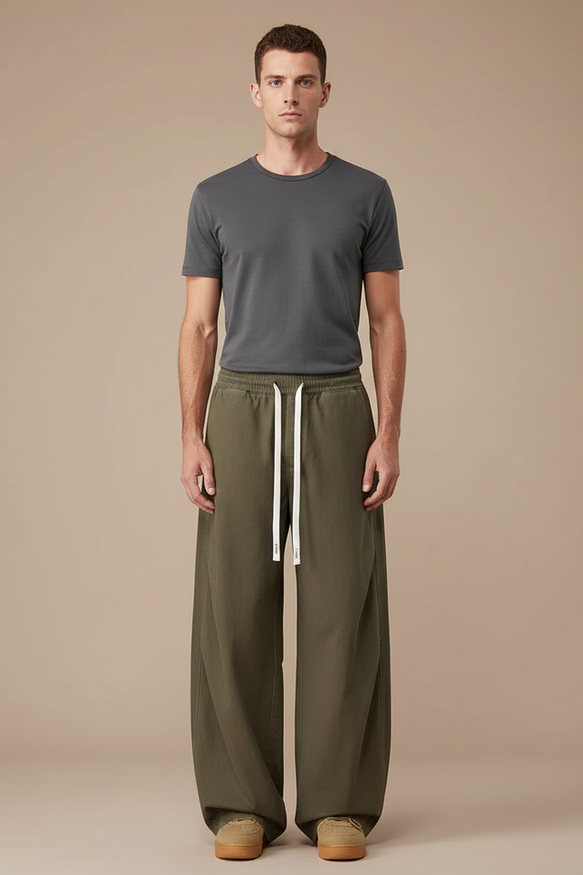 Pantalon Parachute Vert Ample Coton Décontracté Cordon Homme - Kaki