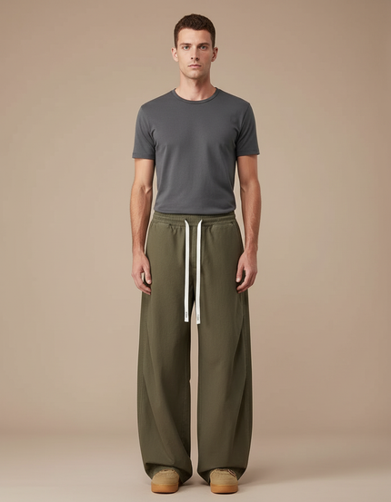 Pantalon Parachute Vert Ample Coton Décontracté Cordon Homme - Kaki