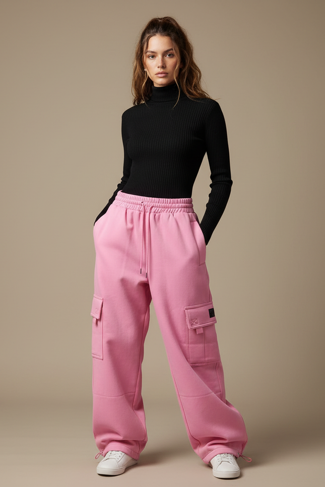Pantalon Parachute Rose Cargo Ample Molleton Femme