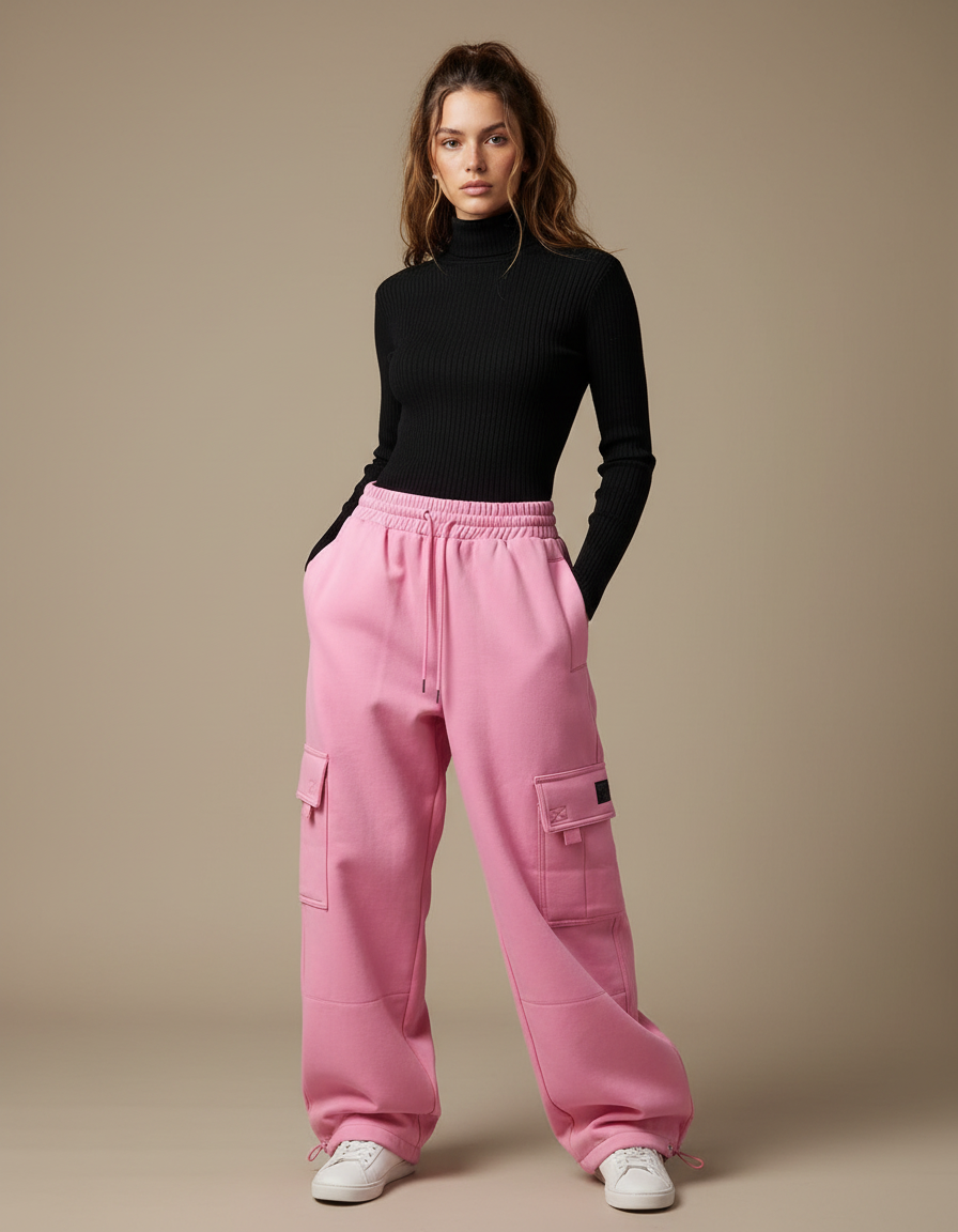 Pantalon Parachute Rose Cargo Ample Molleton Femme