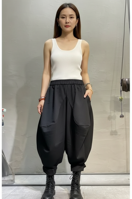 Pantalon Parachute Noir Ample Harem Taille Élastique - Polyester