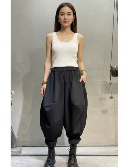 Pantalon Parachute Noir Ample Harem Taille Élastique - Polyester