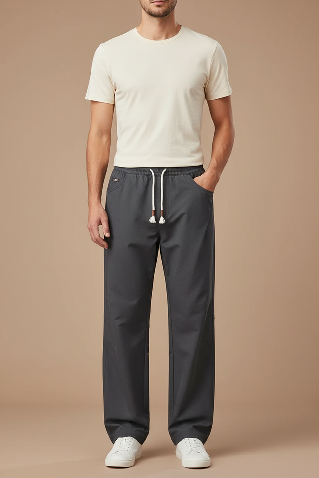 Pantalon Parachute Gris Coton Ample Décontracté Cordon
