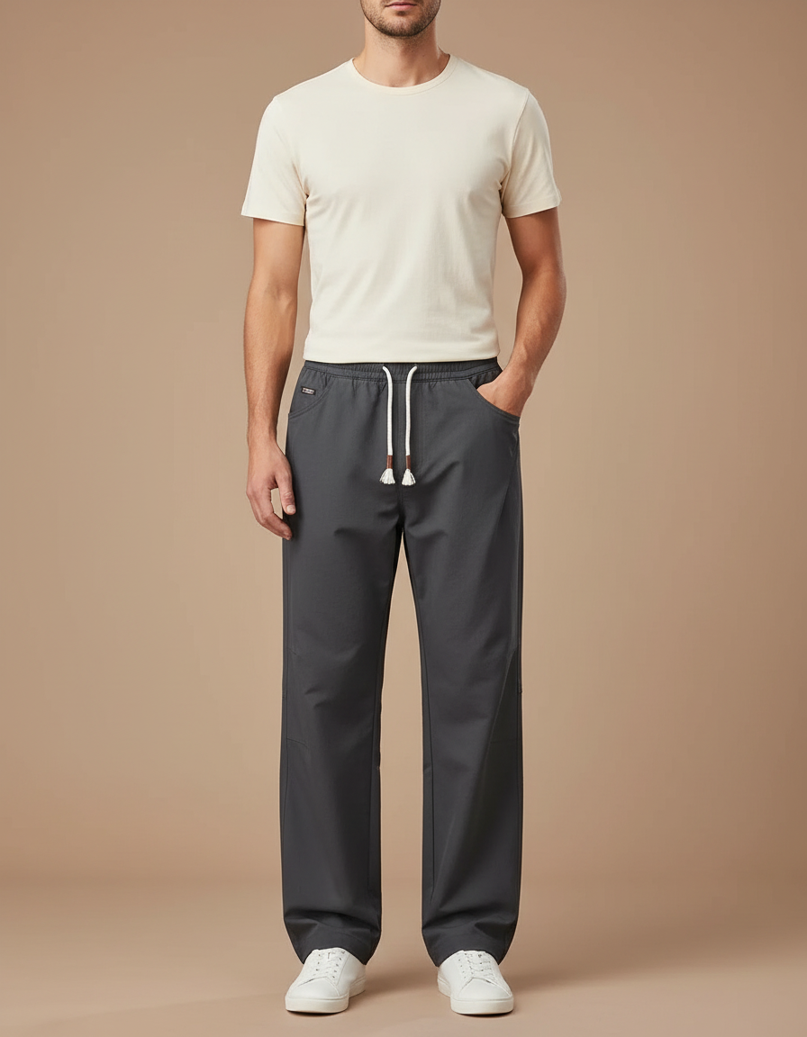 Pantalon Parachute Gris Coton Ample Décontracté Cordon