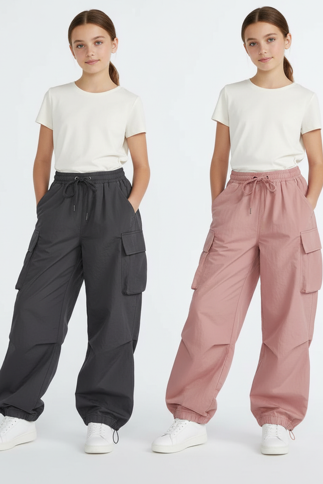 Pantalon Parachute Cargo Ample Fille Coton Rose Gris