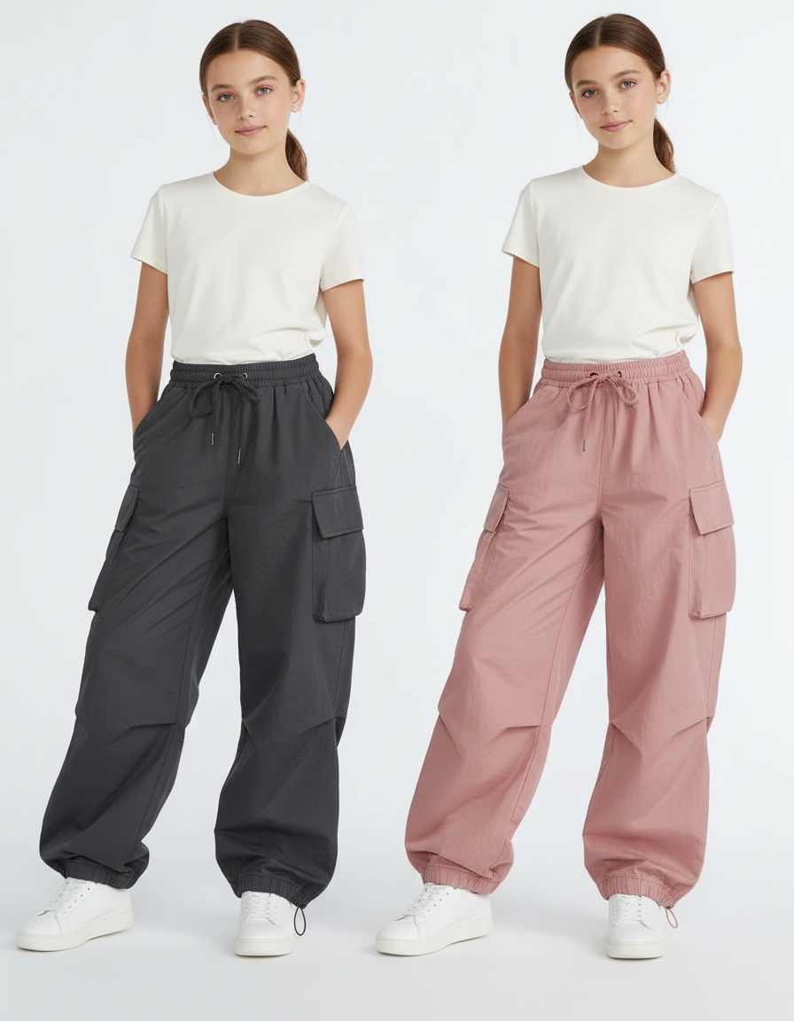 Pantalon Parachute Cargo Ample Fille Coton Rose Gris