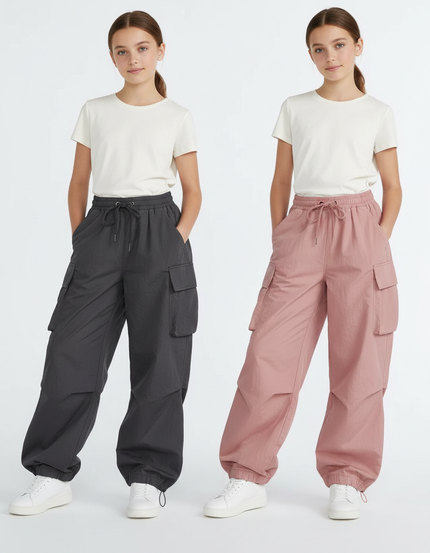 Pantalon Parachute Cargo Ample Fille Coton Rose Gris