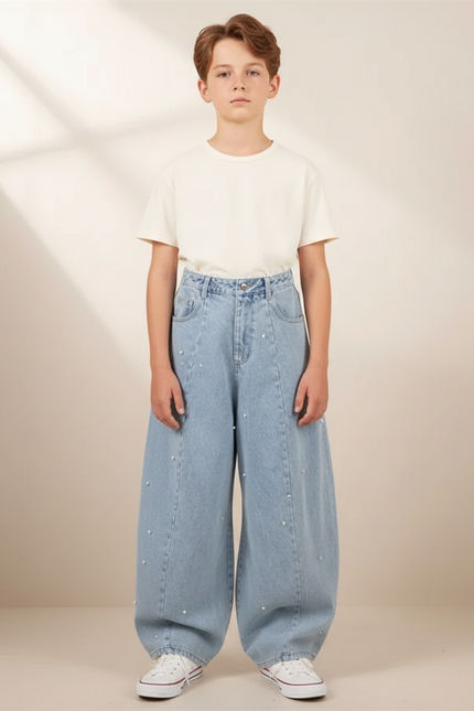 Pantalon Parachute Denim Ample Perles Garçon - Bleu Jean