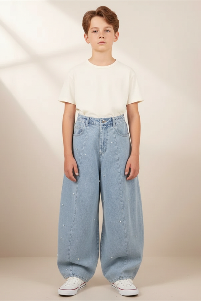 Pantalon Parachute Denim Ample Perles Garçon - Bleu Jean