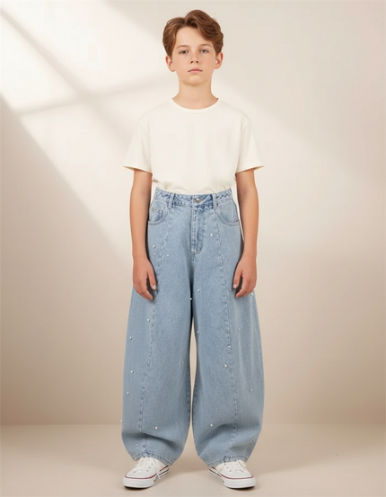 Pantalon Parachute Denim Ample Perles Garçon - Bleu Jean