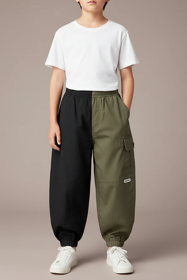 Pantalon Parachute Bicolore Cargo Ample Garçon Urbain - Multicolore Polyester