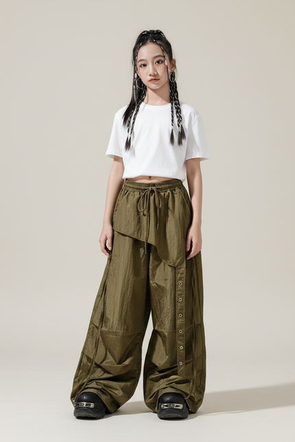 Pantalon Parachute Kaki Ample Boutons Streetwear Fille - Polyester