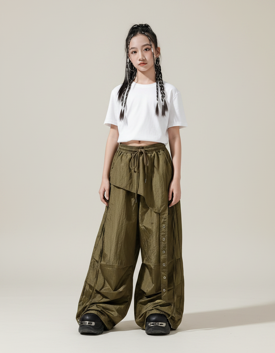 Pantalon Parachute Kaki Ample Boutons Streetwear Fille - Polyester