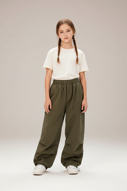 Pantalon Parachute Kaki Cargo Ample Fille Décontracté - Polyester