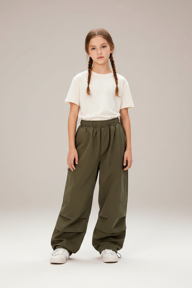 Pantalon Parachute Kaki Cargo Ample Fille Décontracté - Polyester