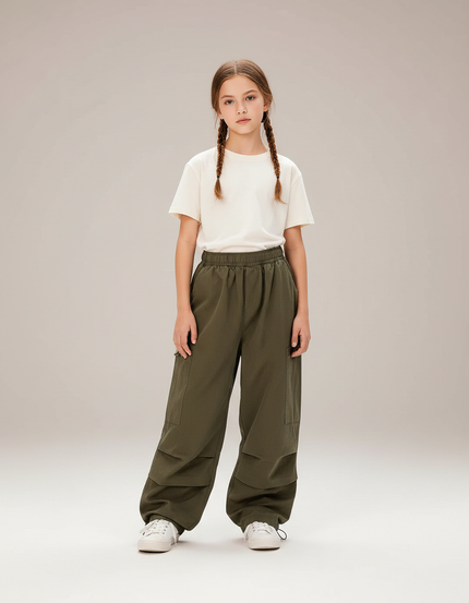 Pantalon Parachute Kaki Cargo Ample Fille Décontracté - Polyester