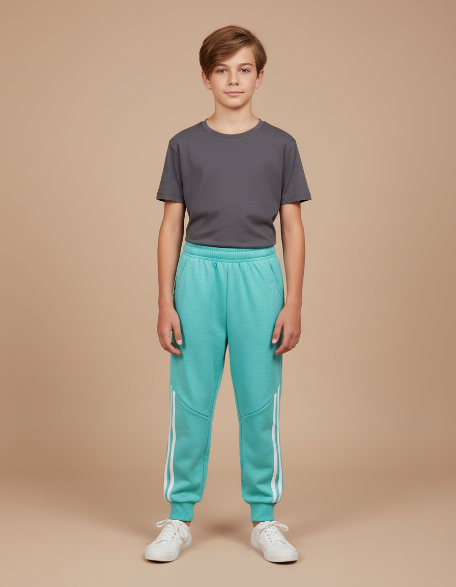 Pantalon Parachute Turquoise Ample Coton Rayures Garçon - Bleu Molleton