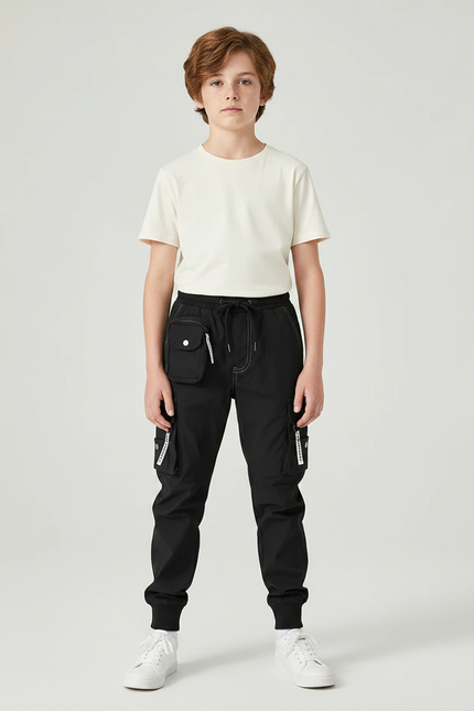Pantalon Parachute Noir Cargo Ample Blanc Enfant - Polyester
