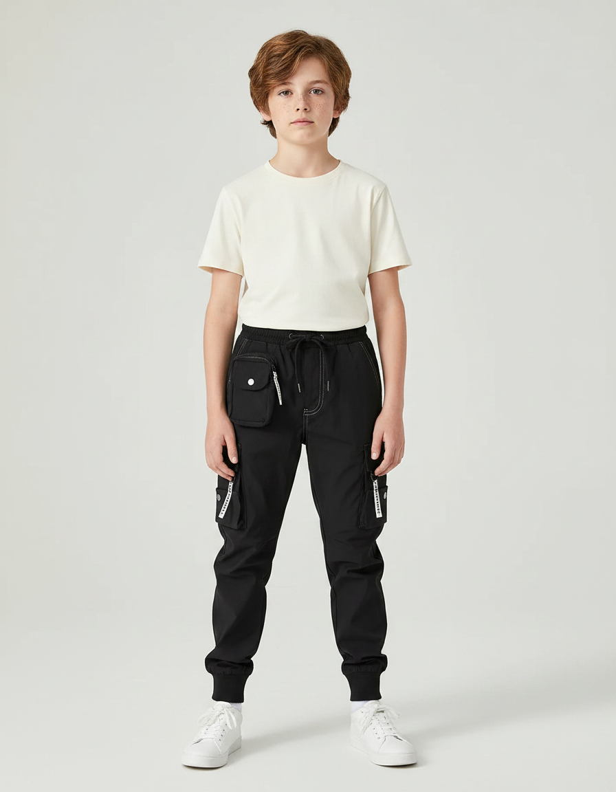 Pantalon Parachute Noir Cargo Ample Blanc Enfant - Polyester
