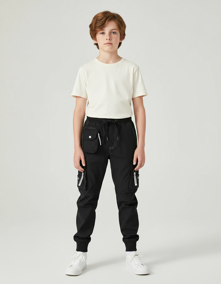 Pantalon Parachute Noir Cargo Ample Blanc Enfant - Polyester