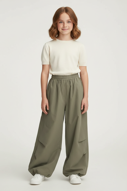 Pantalon Parachute Vert Kaki Ample Nylon Enfant - Polyester