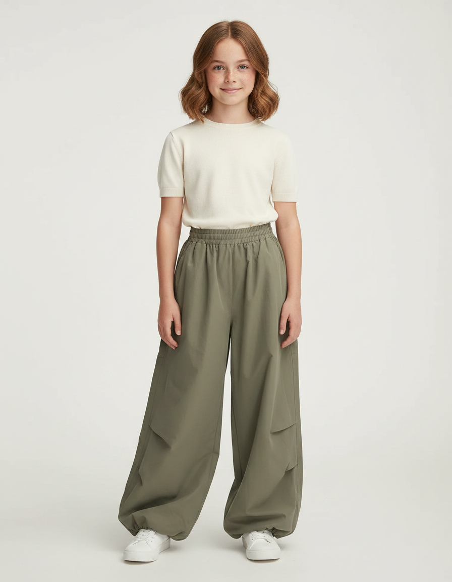 Pantalon Parachute Vert Kaki Ample Nylon Enfant - Polyester