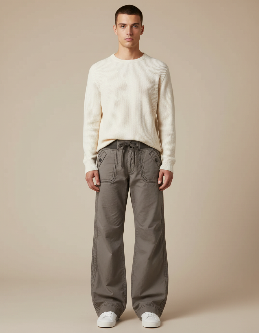 Pantalon Parachute Kaki Ample Décontracté Coton Homme