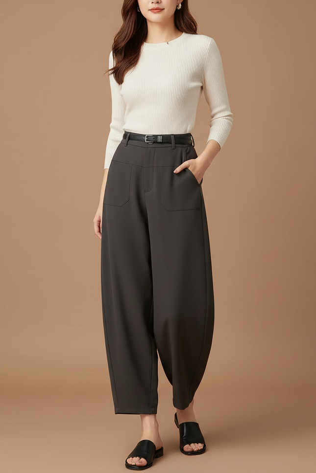 Pantalon Parachute Gris Ample Harem Poches - Polyester