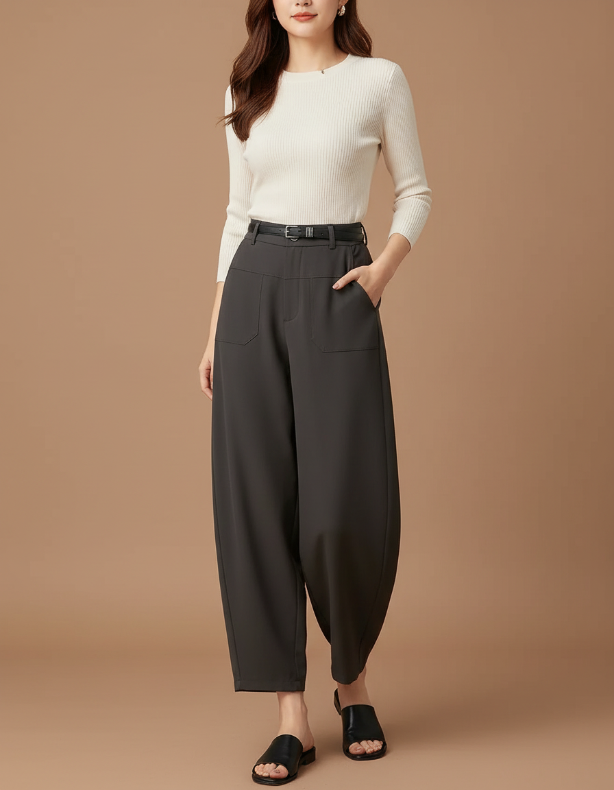 Pantalon Parachute Gris Ample Harem Poches - Polyester