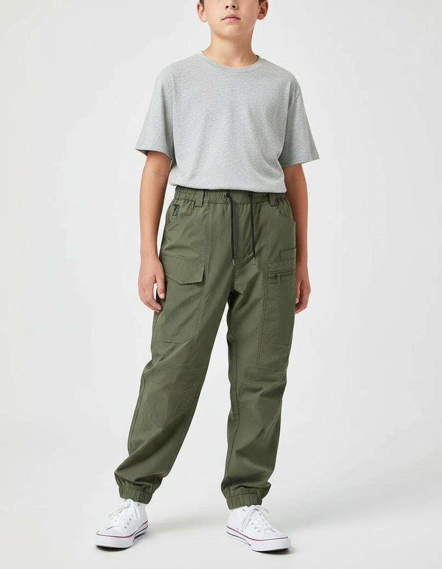 Pantalon Parachute Kaki Cargo Confortable Enfant - Polyester