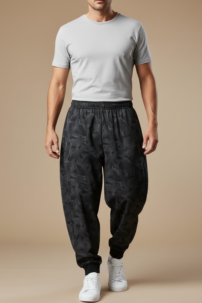 Pantalon Parachute Camouflage Noir Ample Décontracté Homme - Molleton