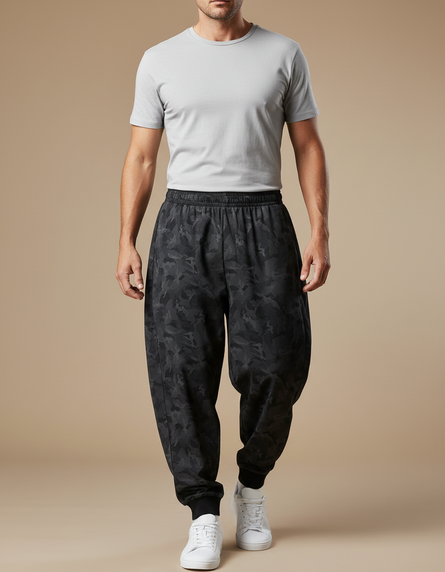 Pantalon Parachute Camouflage Noir Ample Décontracté Homme - Molleton