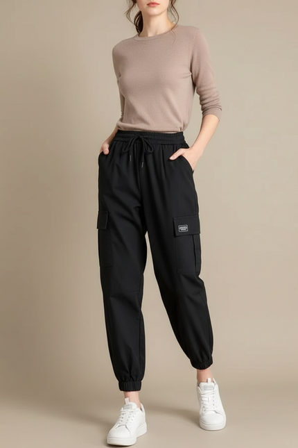 Pantalon Parachute Noir Ample Cargo Décontracté Femme - Polyester
