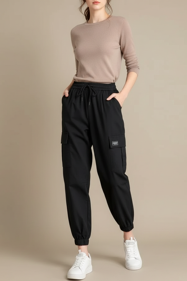 Pantalon Parachute Noir Ample Cargo Décontracté Femme - Polyester