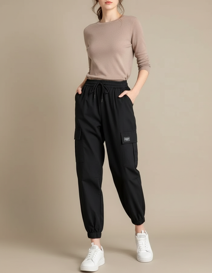 Pantalon Parachute Noir Ample Cargo Décontracté Femme - Polyester