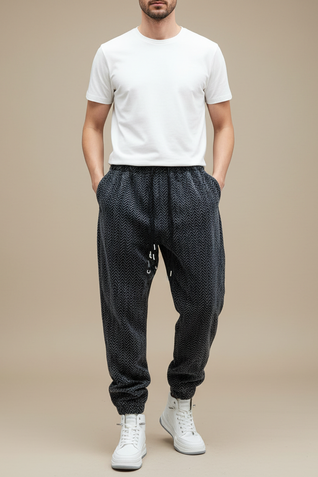 Pantalon Parachute Gris Chevron Ample Décontracté Homme - Tweed