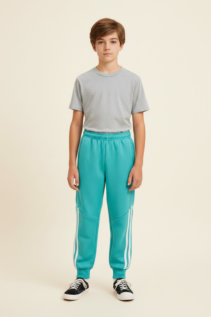 Pantalon Parachute Turquoise Rayures Blanches Garçon Sportif - Bleu Molleton