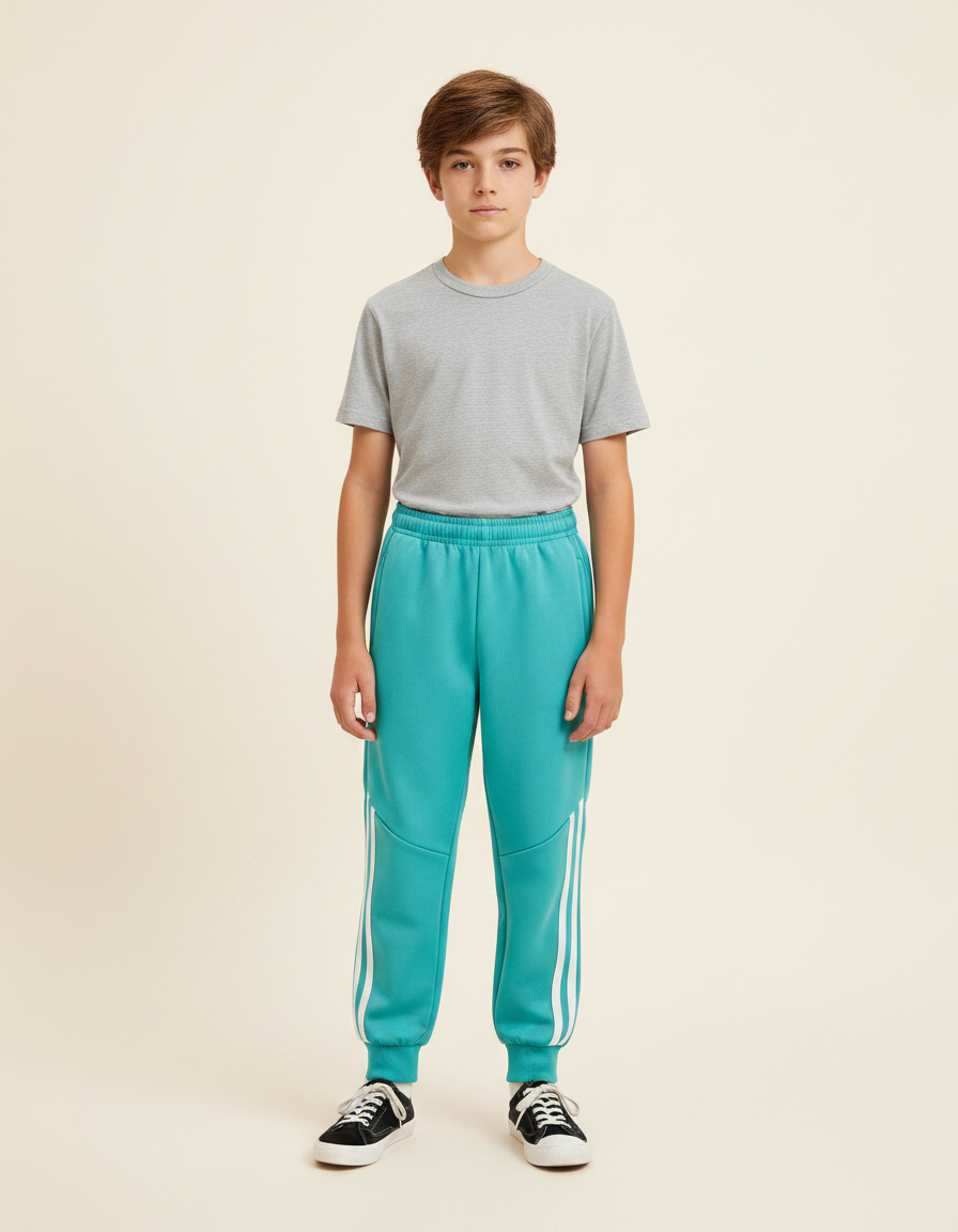 Pantalon Parachute Turquoise Rayures Blanches Garçon Sportif - Bleu Molleton